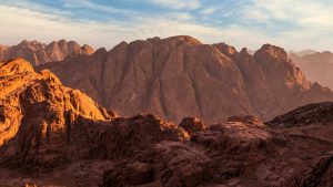 View from Mount Sinai at sunrise. Beautiful mountain landscape in Egypt.