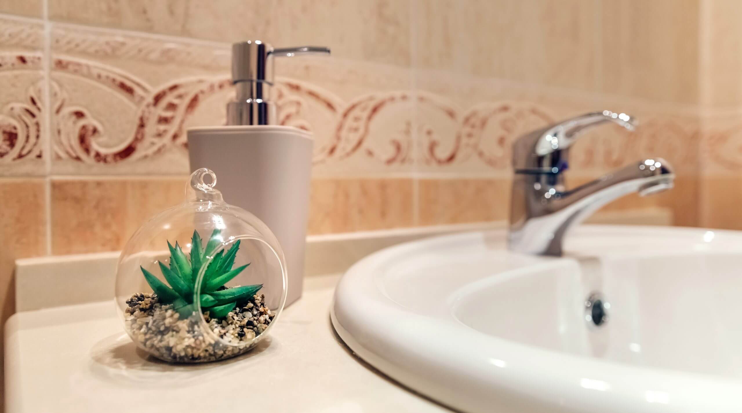 Washbasin with tap, soap dispenser and plant