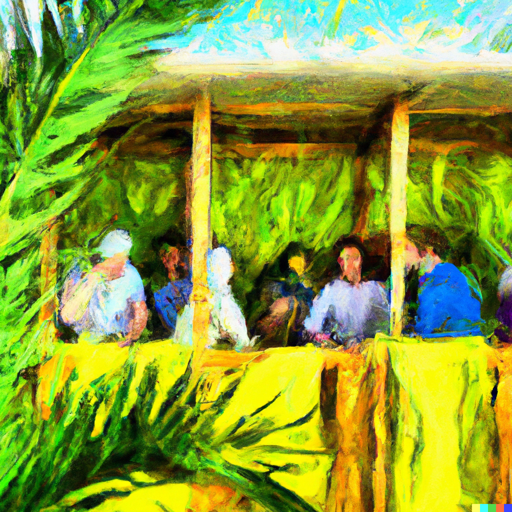 DALL·E 2023-02-06 13.58.56 - sukkot jewish hollyday - people sitting on sukkot oil paint